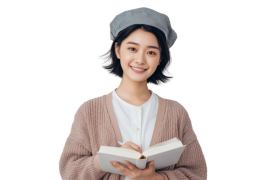 A set of portraits of smiling young Asian female college students in pastel cardigans holding open notebooks wearing modern square academic caps isolated on a transparent background