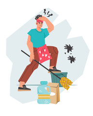Woman feeling exhausted and frustrated by endless housework chores. Busy housewife. Household chores and reducing fatigue as a housewife. Housekeeping duties and balanced routine concept, vector.