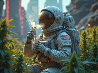 Astronaut in Futuristic Landscape Holding Flask Among Cannabis Plants