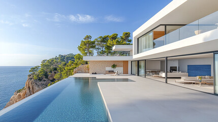 Fototapeta premium Modern minimalistic house with large glass windows overlooking ocean, exuding tranquility