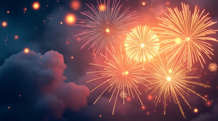 Fototapeta premium festive banner background with fireworks and clouds, celebrating Islamic New Year with copy space 