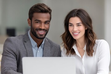 Fototapeta premium Smiling Colleagues Collaborate on Laptop: A Professional, Upbeat Image