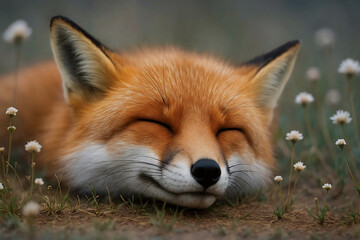 Red fox sleeping peacefully, eyes shut in daylight.