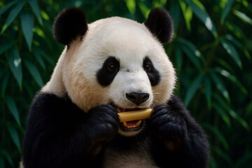 Panda smiling with eyes closed, adorable animal moment.