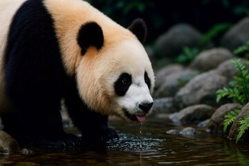 Fototapeta premium Panda resting on tree branch, soft light and peaceful vibe.
