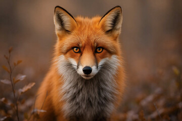 Obraz premium Close-up of red fox staring at camera, warm natural tones.