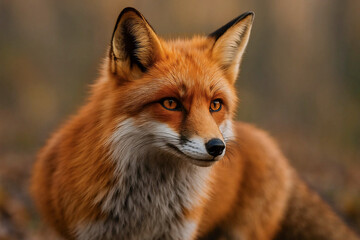 Red fox with intense gaze, dramatic lighting in forest setting.