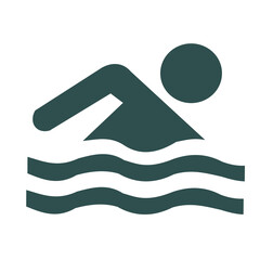 Simple flat design icon of a swimmer in water, shown in side profile with stylized waves. Represents swimming or aquatic activities.