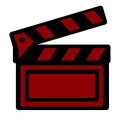 Bold red and black movie clapperboard icon, symbolizing filmmaking and video production, presented in a flat vector style on a white background.