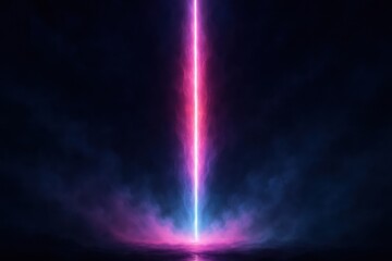 Colorful beam of light pierces through dark mist over tranquil water at night creating a surreal atmosphere