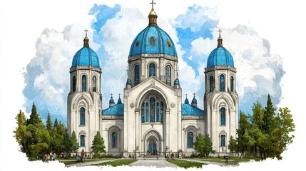 Fototapeta premium Grand Cathedral with Blue Domes Watercolor Illustration