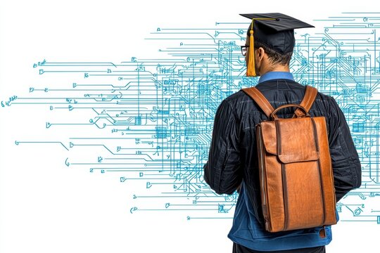 Graduate in Cap and Gown Contemplating Digital Future