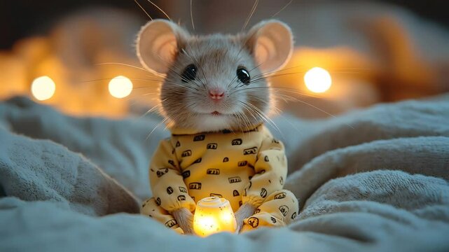 Cozy mouse in cheese print pajamas sitting on a miniature bed with a tiny lamp