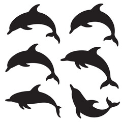 set vector various Dolphin Silhouettes Leaping and Swimming, Outline Dolphins Jumping and Swimming Collection