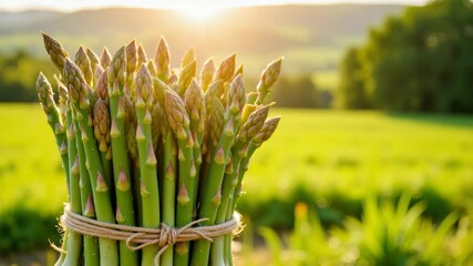 Fresh bundle of green asparagus in the sunlight on a farm field. Organic, healthy and diet-friendly vegetable. Concept of local produce, clean eating, and sustainable farming in natural light. - Powered by Adobe