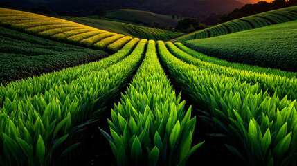 Rolling Green Hills: Rows of vibrant green crops stretch across a picturesque landscape, bathed in the soft glow of dawn, inviting contemplation and wonder.
