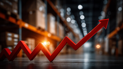 Warehouse Growth Chart: A vibrant red upward arrow graph stands prominently in a bustling warehouse, symbolizing growth, progress, and positive market trends in logistics and distribution.