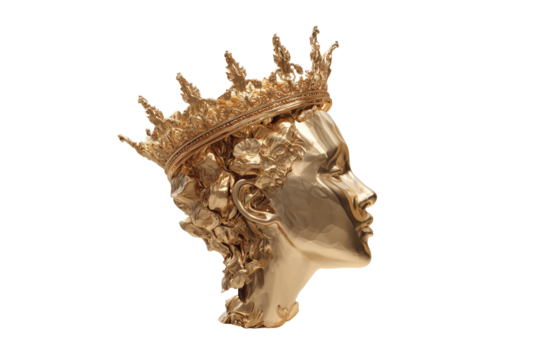 A set of refined golden section sculptures adorned with crowns, rendered in smooth realistic 3D style, isolated on a transparent background