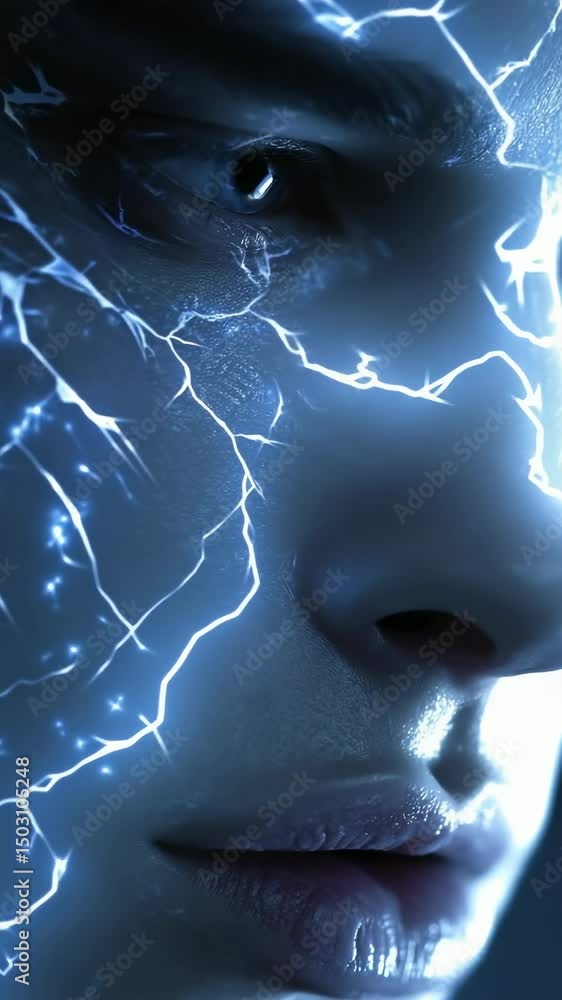 Poster electric energy speaks through a close-up of a face illuminated with striking lightning patterns aga