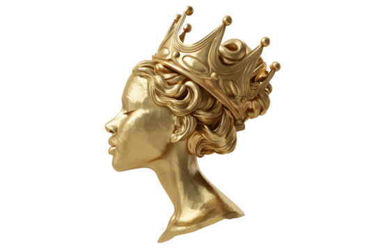 A set of regal golden section sculptures topped with crowns, crafted in detailed smooth 3D style, isolated on a transparent background