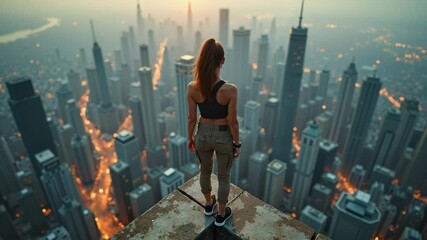 Young woman standing on  skyscraper rooftop edge overlooking modern city skyline at sunset, symbolizing freedom, ambition, and urban adventure. Parkour or roofing concept - Powered by Adobe
