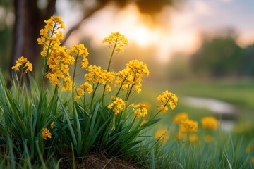 Obraz premium Golden Sunset Blooms: Vibrant Yellow Flowers in a Serene Meadow
