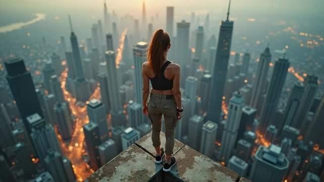 Young woman standing on  skyscraper rooftop edge overlooking modern city skyline at sunset, symbolizing freedom, ambition, and urban adventure. Parkour or roofing concept