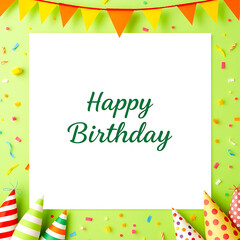 Happy birthday photocall frame with colorful hats and confetti.