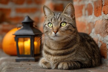 Attentive tabby cat lounges near a black lantern with glowing candles and soft orange gourd.