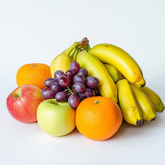 A pile of bananas, apples, and oranges on a white background, with grapes in the middle. The fruit is arranged from top to bottom