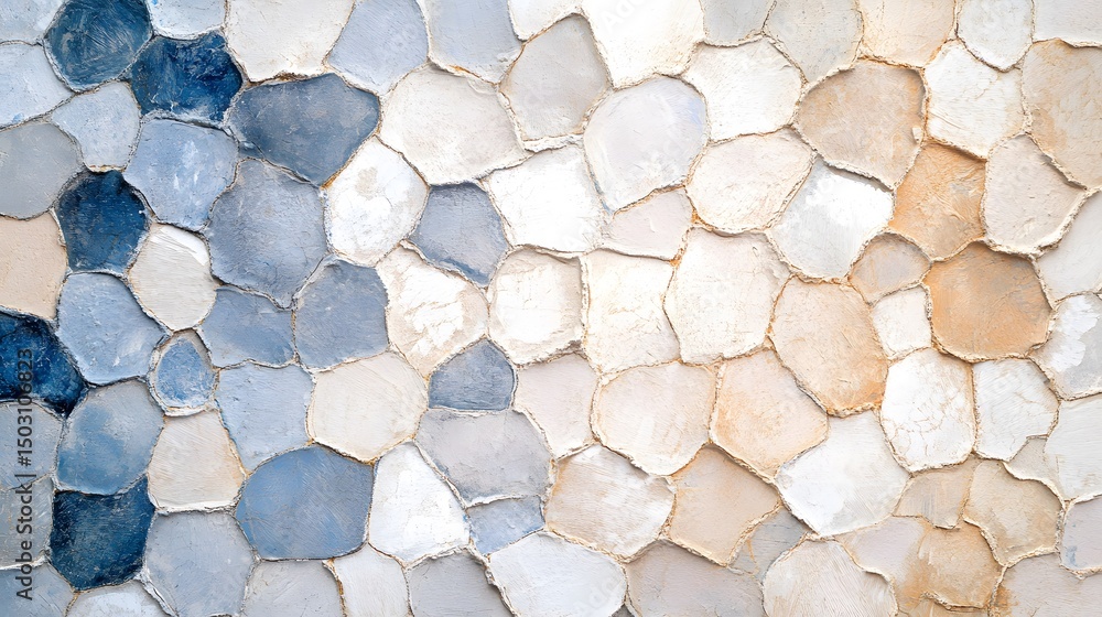 Poster abstract pattern of painted, organic shapes transitions from cool blues and grays to warm tans and c