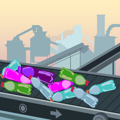 Plastic bottles on a conveyor belt in the background of the factory