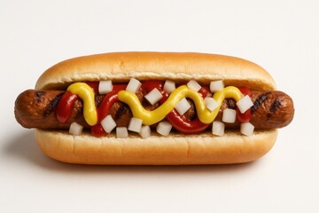 Delicious grilled hot dog topped with mustard, ketchup, and diced onions ready for a summertime barbecue celebration