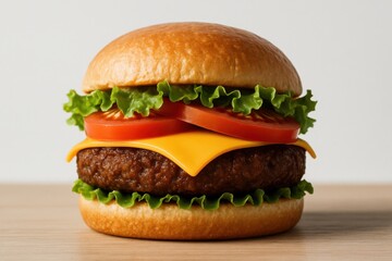 Juicy burger stacked high with fresh toppings on a soft bun, inviting appetites at a sunny lunch hour