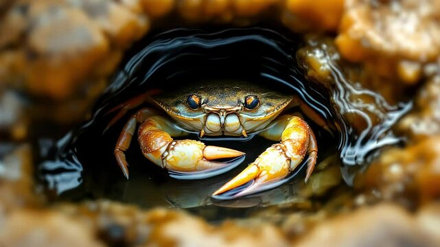  A crab sleeping inside a tide pool crevice, motionless beneath rippling water