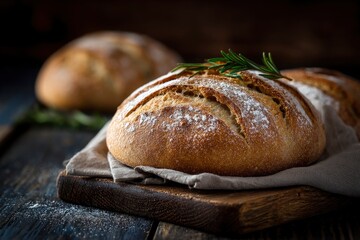 Artisan sourdough bread with rosemary, presented with rustic charm on a wooden cutting board.