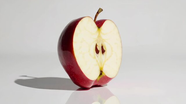 Video showcasing a glossy red apple against a white background, emphasizing simplicity and elegance. Captured with a low-angle camera angle.