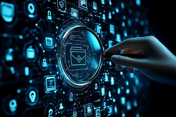 Futuristic digital security interface with a hand examining an email icon, representing data privacy and secure communication technology