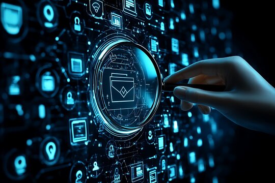 Futuristic digital security interface with a hand examining an email icon, representing data privacy and secure communication technology