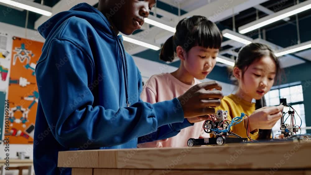 Poster three kids in a classroom work on robotics projects. the video captures a side angle, highlighting c