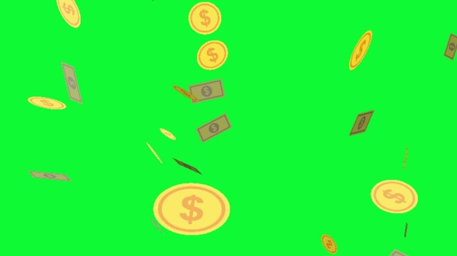4K Money Rain Green Screen Video Falling Banknotes & Coins for Finance, Wealth, Success & Lottery Win Video Background, Chroma Key