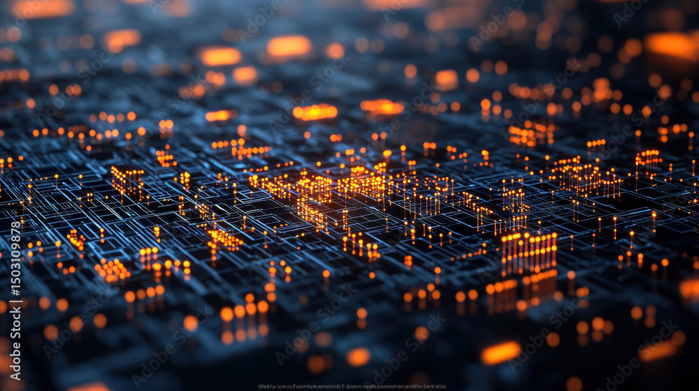 Poster glowing chart with connected data nodes, digital circuit, futuristic technology, ai, abstract networ