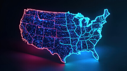 Glowing map of United States with digital pulse lines, neon blue and pink, technology, network, modern, energetic, futuristic