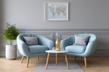 Serene Blue Armchairs with World Map in a Calm Interior
