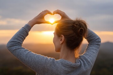 Woman Framing Sunset Heart: Serene Golden Hour Photography