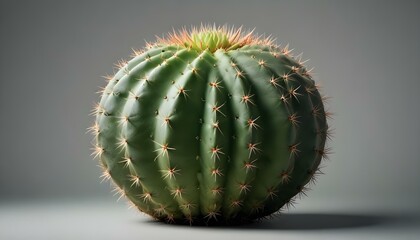 The vibrant green spherical cactus displays its prominent spines against a neutral background.
