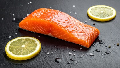 Fresh Salmon Fillet with Lemon and Peppercorns on Dark Slate