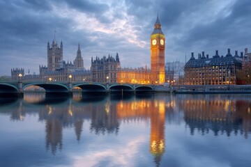 Fototapeta premium London's Iconic Houses of Parliament: Serene Twilight Reflection