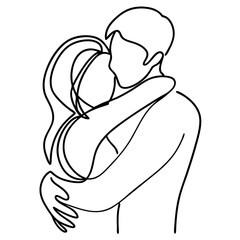 Obraz premium Couple embracing, line art illustration, black and white, for romantic designs