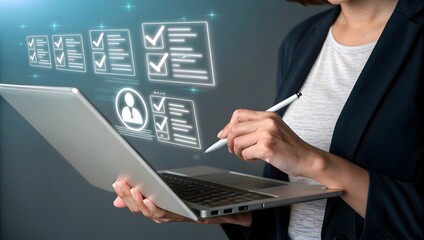 Digital document signing and paperless contract management concept. Person signing documents on tablet with stylus, multiple virtual pages and electronic signatures in modern office setup.